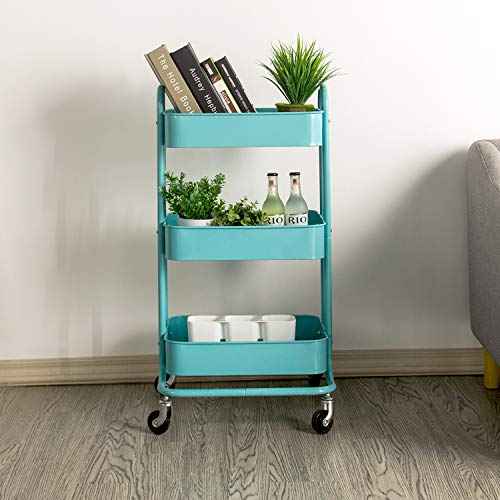 3-Tier Metal Rolling Storage Cart Organizer Cart Storage Shelves for Office, Studio,Kitchen, Bathroom (Blue)