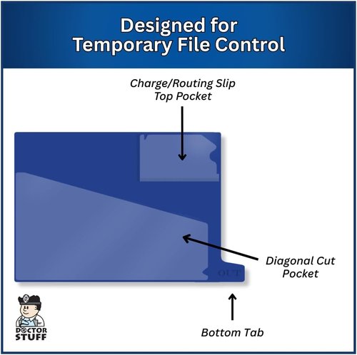 Doctor Stuff Vinyl Outguides - Diagonal Cut Front Pocket & Top Charge Out Slip Pocket | Navy, Letter Size 9" x 13-1/4", 25/Box