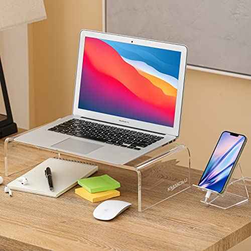 Premium Acrylic Monitor Stand | Clear Laptop Riser for Desk, Office and Home | Computer Stand for TV, Printer, and More | 16" L x 8" W x 4" H with Bonus Phone Stand