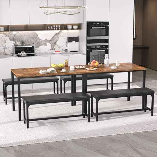 VECELO 3-Piece 63" Extendable Kitchen Table with Benches/Chairs, Modern Breakfast Dinette/Dining Room Set for 4/6/2, Small Space Saving Design, Easy Assembly