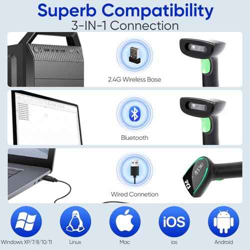FYJ Wireless Barcode Scanner, QR Bar Code Scanners with 2.4G Wireless & Bluetooth Function & Wired Connection, 1D 2D Handheld Barcode Reader with Stand
