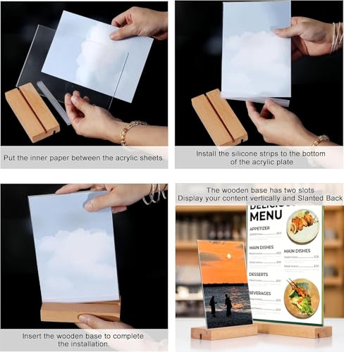 5x7 Inch Acrylic Sign Holder with Wood Base - 3 Pack, Vertical or Slant Back Display