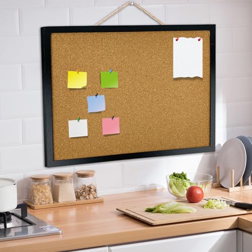 Black Cork Bulletin Board 17.7 x 13.3 Inches with Oak Wood Frame, Wall Mount Office Home School