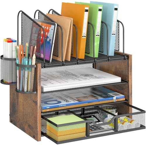4-Tier Mesh Desk Organizer, Wooden Desk File Organizer with 5 Vertical File Holders and 2 Pen Holders, Desktop Organizers and Accessories with Drawer for Home Office