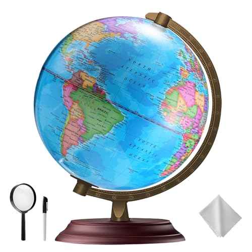 Illuminated World Globe for Kids & Adults All Ages with Wooden Stand 7 in 1- Night View Stars Map Constellation Globe with Detailed Colorful World,Built-in LED Bulb, Educational Gift