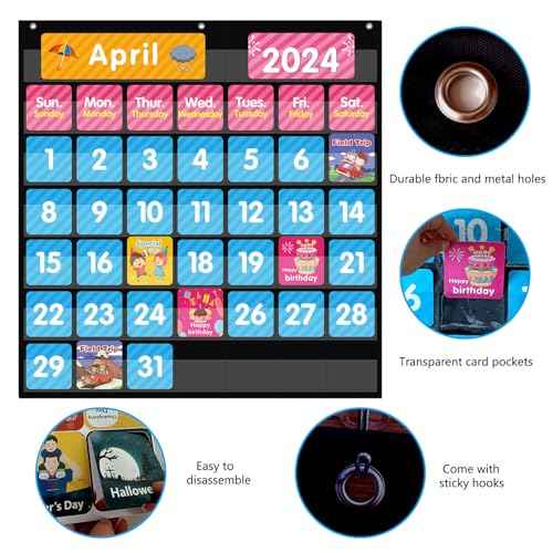 REGELETO Large 44 Pockets Calendar Pocket Chart for Classroom with 85 Cards, Size:25¡± X 24¡± Monthly Calendar and Weather Black Pocket Chart for Kids Learning for Home or Kindergarten (44 Pockets)