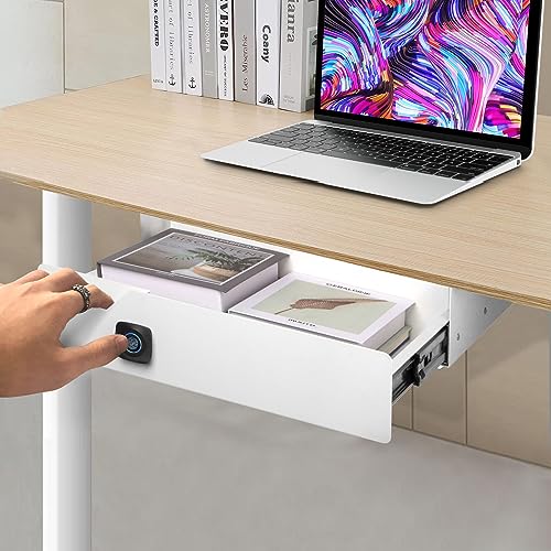 Lumil Under Desk Drawer with Lock, 16 inch Under Desk Storage Drawer, Under Desk Mounted Pull Out Drawer with Biometric Lock