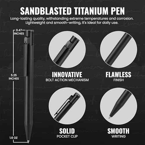 Titanium Bolt Action Pen ? Refillable Fine Tip 0.5mm Ballpoint, Matte Black Sandblasted Finish, Durable EDC Writing Pen with Pocket Clip, Gift Box Included