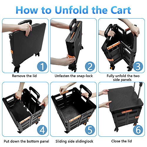 FELICON SELORSS Foldable Utility Cart Folding Portable Rolling Crate Handcart with Durable Heavy Duty Plastic Telescoping Handle Collapsible 4 Rotate Wheels for Travel Shop Move Luggage Office(Black)