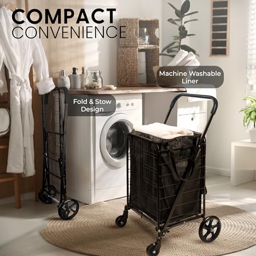 SereneLife Large Folding Utility Shopping Cart with Removable Liner – Black, 110 lb