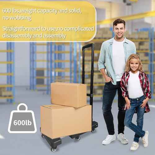 Folding Hand Truck 600lbs,XIBGH Portable Heavy Duty Luggage Cart,6 Wheels Dolly Cart with 2 Elastic Ropes,Compact Trolley Cart for Easy Moving with Extendable Plate for Travel, Moving and Office Use