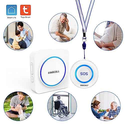 SINGCALL Tuya WiFi SOS Wireless Calling Caregiver Pager System Calling Alert System for Patients Seniors Elderly Disabled 1 Plugin Receiver 1 Smart Emergency Call Button (only Supports 2.4GHz Wi-Fi)