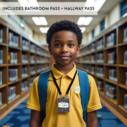 Andaz Press 20 Personalized Teacher Hall Pass Set with 10 Card Holder Lanyards, Composition Notebook Hallway Passes, Cardstock Hall Passes for Classrooms, Custom Teacher Name School Pass, 3.5x2 Inch