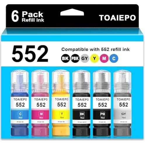 552 Ink Refill Bottles Replacement for Epson T552 Refill Ink Bottles Work with ET-8550 ET-8500 ET8550 ET8500 8550 8500 Printer, 6 Pack (Pigment Black, Color Dye)