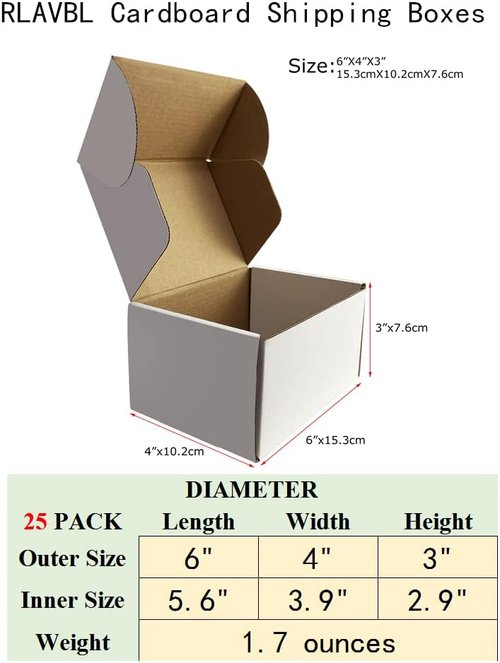 RLAVBL Shipping Boxes - 6x4x3 Inches White Corrugated Cardboard | Set of 25 Mailer Boxes for Small Business