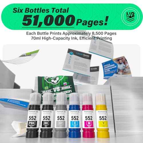 552 Ink Refill Bottles 6 Pack (NotSublimation Ink) Compatible Replacement for Epson Ecotank Photo ET-8550 ET-8500 ET8550 ET8500 8550 8500 Printer, T552 Ink Refill Bottles (BK Pigment, PB C M Y GY Dye)