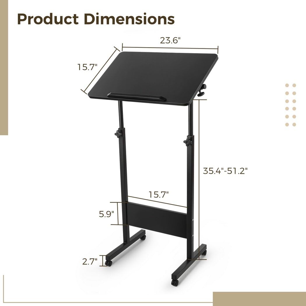 Joyoolife Mobile Podium, Adjustable Standing Desk with Caster Wheels, Adjustable Height 360° Swivel Desktop, Versatile Podium Laptop Desk Stand Up Desk Easel Presentation Lectern (Black)