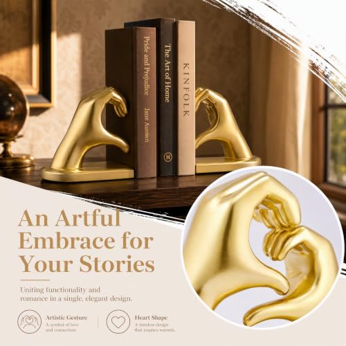 Gold Heart Hands Resin Bookend with Non-Slip Felt Base - Larger Size, Bookends for Living Room, Bedroom, Office | Xmeden Bookend-gold