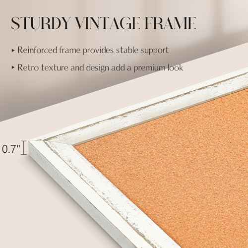 Cork Board Bulletin Board, 36" x 24" Corkboard for Wall, Rustic White Wooden Frame, Hanging Pin Board for Home & Office Decor, 10 Push Pins