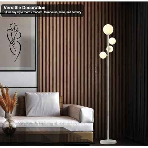 Fiqevs 4 Globe Floor Lamp for Living Room, Modern Standing Lamp with Frosted Sphere Glass Shade, 3000K Warm Light LED Bulbs Included, Tall Tree Lamp for Bedroom, Home & Office - White