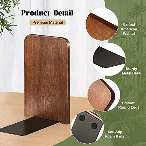 Eaasty 4 Pairs Wood Bookends, Heavy Duty Book Holders for Shelves, Walnut Bookends Sturdy Large Book Stoppers, Wood Desk Decor 5.2 x 3.2 x 4.2 Inches Office Books Stand Decorative Accessories