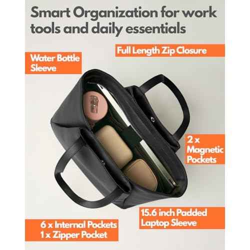 Work Tote Bags for Women 15.6 Inch - Laptop Tote Bag with Zip Compartments - Large PU Leather Office Purse Computer Briefcase