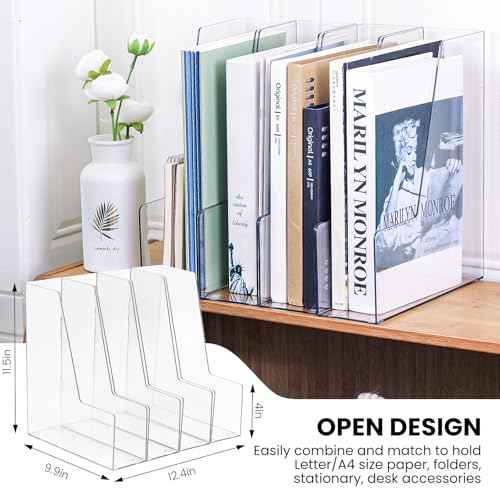 Vertical Magazine File Holder, Clear File Organizer Desk Organizer and Storage Bins Holding for Magazines, Binders, Notebooks, Envelopes, Plastic Office Organization and Storage for Desk, 4 pack