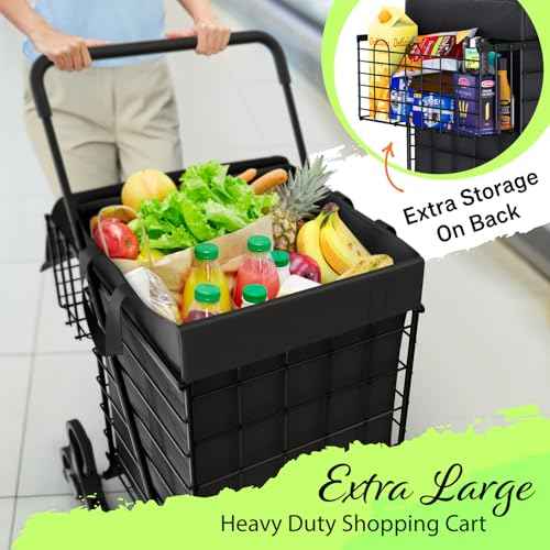 Stairs Climbing Shopping Cart w/Waterproof Basket Liner & 360¡Æ Swivel Wheels | Foldable Collapsible & Lightweight | Perfect for Groceries Laundry Utility Cart - Black