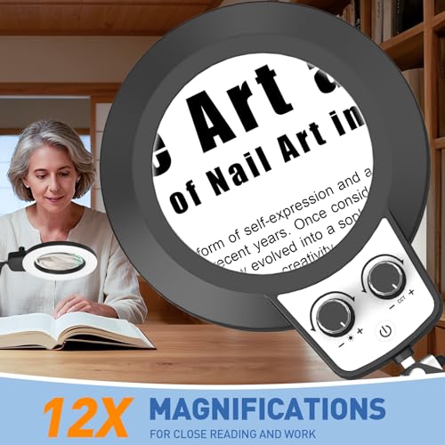 HITTI 12X Extra Long Magnifying Glass with Light, Upgrade Infinite Color and Brightness LED Desk Lamp with Clamp, Hands Free 3 Section Magnifier Light and Stand for Workbench Crafts Reading Painting