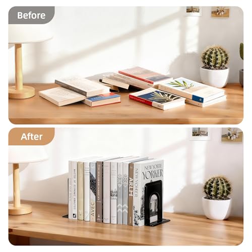 HappyHapi Black Heavy Duty Metal Book Ends - 3 Pairs, Anti-Slip Shelving Support