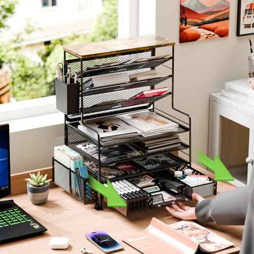8 Tier Desk File Organizer, Metal Mesh Letter Tray Paper Organizer, Large Capacity Desktop Organizers, Desk Accessories File Holder Storage Organization for Office, Home or School, Black