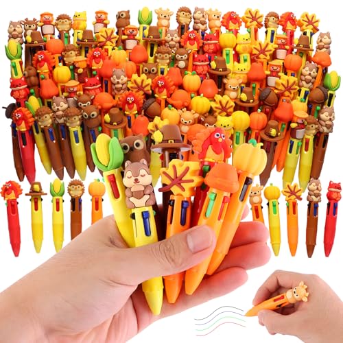 100 Pcs Thanksgiving Colorful Multicolor Pen in One Cartoon Cute Fun 4-in-1 Cute Pens Bulk Kawaii Maple Leaves Pumpkins Scarecrows and Turkeys Shape Cool Ballpoint Pens for Kids Fun Gifts