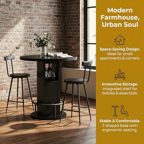 Hosnnile 3-Piece Round Bar Table Set with Storage, 31.5" Dining Table & 2 Bar Stools, Modern Farmhouse Kitchen