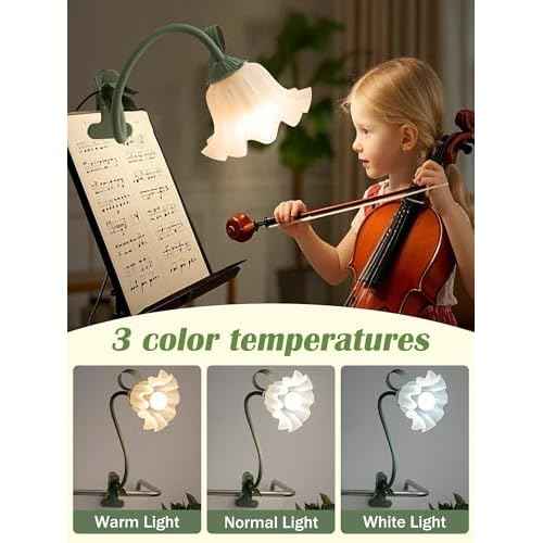 Clip on Light Flower Desk Lamp with Clamp,3 Color Modes LED Eye-Caring Reading Light Flexible Gooseneck Book Light Study Clip on Lamp for Desk Piano Office Headboard Dorm Bed (Green Lamp)
