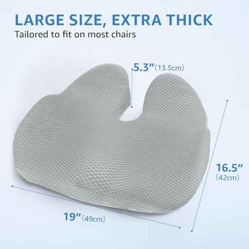 Extra Large Office Chair Cushion, 19" x 17" Ergonomic Memory Foam Seat Cushion for Tailbone, Back, Sciatica & Hip Pain Relief, Booster Pad for Sitting & Driving, Removable Washable Cover, Grey