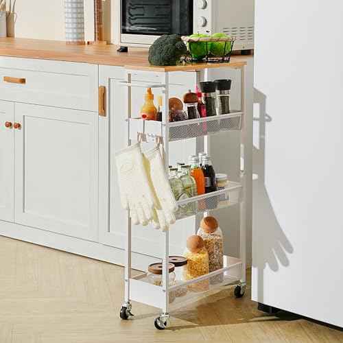 4 Tier Slim Rolling Utility Cart with Wheel, Metal Narrow Storage Cart with Handle and Wood Top, Multifunctional Small Mobile Shelf Unit Organizer Trolley for Laundry, Bathroom, Kitchen