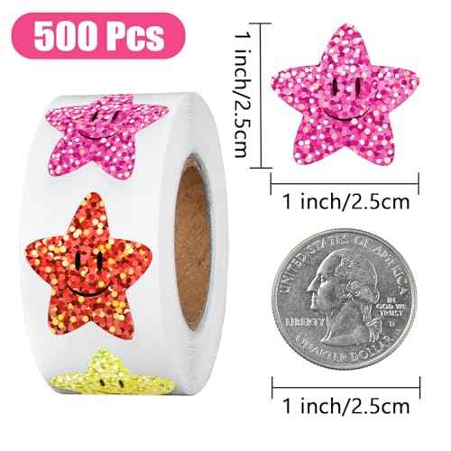 500 Pcs Star Smiley Stickers for Rewarding Student Behaviour, 8 Colour Glitter Star Stickers for Teachers, Student Behaviour Sheets, Handbooks, Greeting Card Decorations (1 Pack)