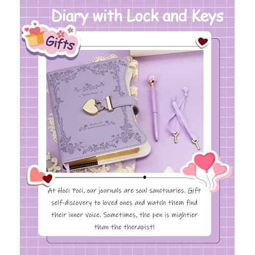 Diary with Lock and Keys for Girls Gift Ideas, 360 Gold Edged Pages Journal for Women, B6 Refillable Notebook for Writing with Pen and Bookmark (Garden Purple)