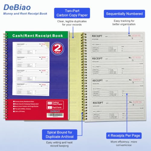 DeBiao Receipt Book with Carbon Copies, 2-Part 200 Sets, 4 Receipts/Page, Spiral Bound Rent & Small Business