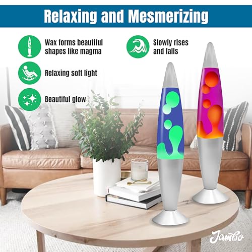 JAMBO 2 Pack- 16" Beautiful Lamp- Blue with Yellow/Green Wax and Purple with Yellow Wax, Relaxing Liquid Lamp, Night Light Nightlight, Lamps for Adults Teens Kid