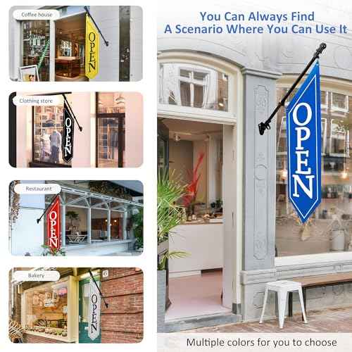 OPEN Flag with Pole Kit - Heavy Duty Canvas Open Banner for Business Storefront, 42x12 Inch Outdoor Double-Sided Sign with Bracket - Advertising Signage for Retail & Shops (White)