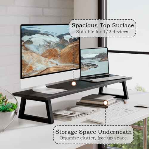 TEAMIX 31.5 inch Dual Monitor Riser, Long Black Monitor Stand Riser Wide TV Stand Riser Monitor Stand for 2 Monitors Wood & Steel Desktop Riser Desk Organization Home Office