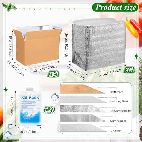 Honoson 4 Pcs Thermal Insulated Shipping Boxes for Frozen Food with Ice Pack and Aluminum Foil Liner for Shipping Big Cold Pack Cooler Mailing Boxes for Moving Hot Frozen Food (12'' X 5.5'' X 7.5'')