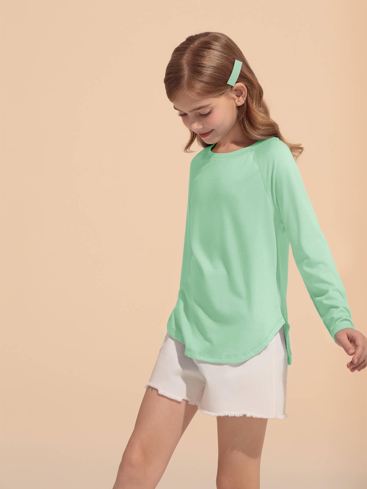 Haloumoning Girls Raglan Long Sleeve Shirts Kids Curve Hem Crewneck Tunic Tops Fashion T-Shirts 5-14Y Mint