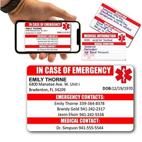Customized Emergency Contact Wallet Card ? Durable PVC ID with Printed Emergency Info, Free Digital Copy, and 5 Fillable Medical Info Cards ? ICE In Case of Emergency Card ? Made in USA