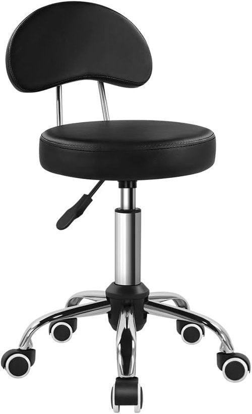 KKTONER Rolling Stool - Height Adjustable PU Leather Swivel Chair with Wheels | Black Mid Back Design