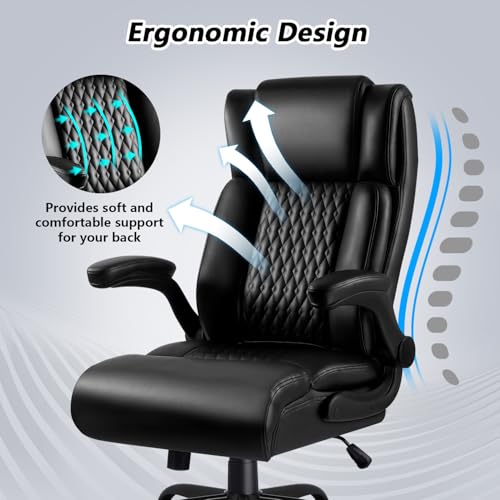 VENDORZ Big & Tall 400 Lb Ergonomic Office Chair with Flip-Up Armrests, Lumbar Support, PU Leather, Black