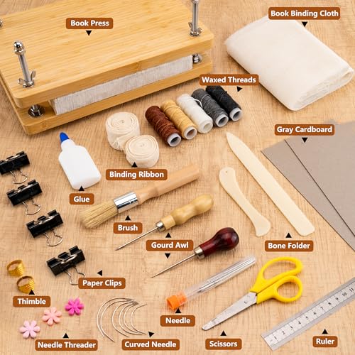 HEJIN Book Binding Kits, Book Press with Plastic Bone Folder, Waxed Thread, Book Binding Materials for Beginners Bookbinding Supplies, 11.6 x 7.8 Inches