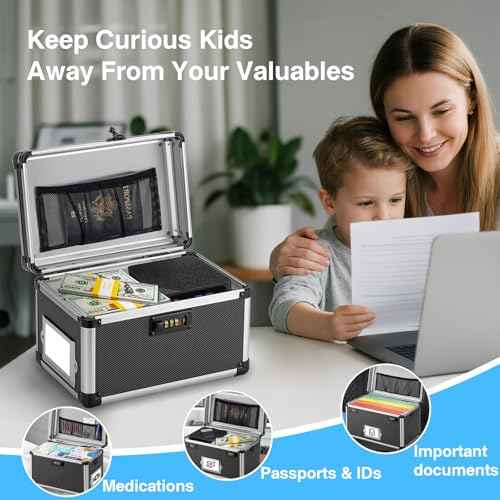 11 x 7 x 8.3 Inch Lockable Storage Box with Combination Lock, Portable Safe for Documents, Medicine, Cash & Valuables, Medicine Lock Box with Label Slot for Home, Office & Travel - Black