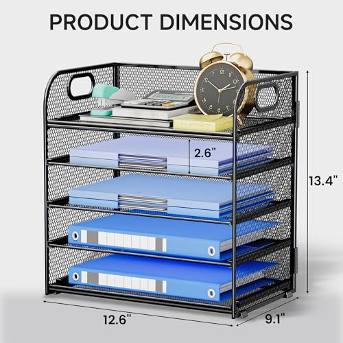 Paper Organizer Letter Tray with Handle Mesh 5 Trays Desk File Organizer Paper Sorter Desk Organizer for Office, Home or School-Black